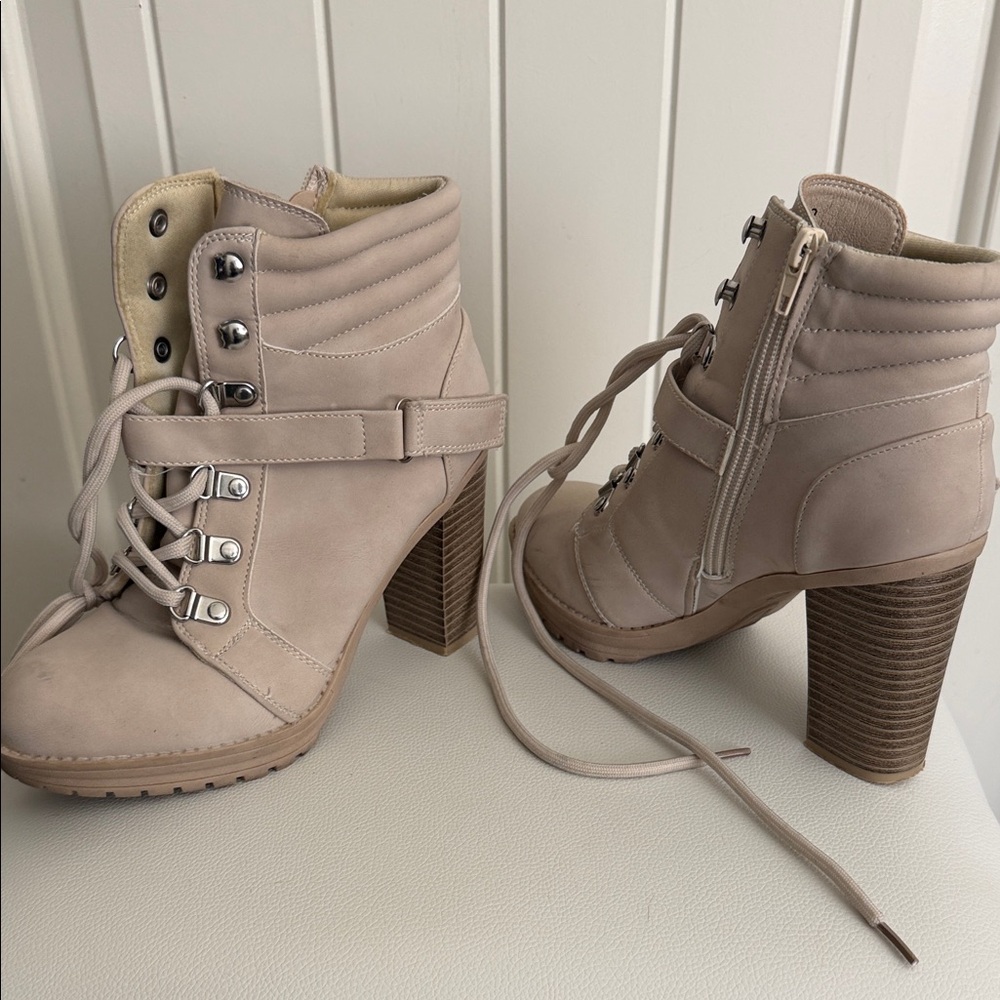 Lace-Up Taupe Block Heel Ankle Boots with Side Zip